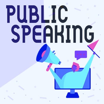 Text caption presenting Public Speaking, Conceptual photo art of effective oral communication with an audience Lady Inside A Monitor Screen Drawing Holding Megaphone And Flag.