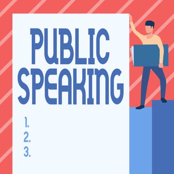 Writing displaying text Public Speaking, Conceptual photo art of effective oral communication with an audience Man Standing Carrying Large Notebook While Showing Big Whiteboard.
