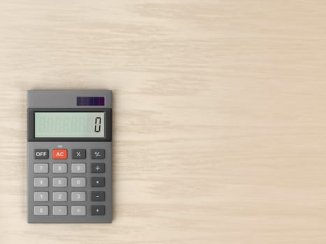 Gray calculator on wooden desk, top view