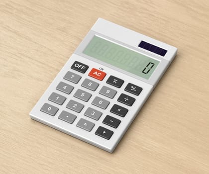 White calculator on wooden desk