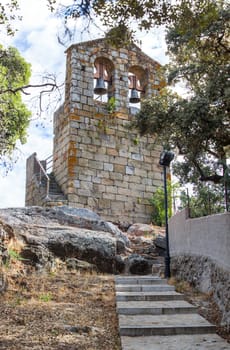 Isolated bell tower of Aceituna, Rural village in Algon Valley. Caceres, Extremadura, Spain