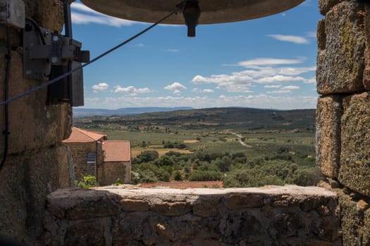 Aceituna fields view from bell tower. Rural village in Algon Valley. Caceres, Extremadura, Spain