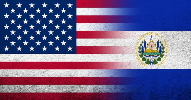 United States of America (USA) national flag with El Salvador National flag. Grunge background