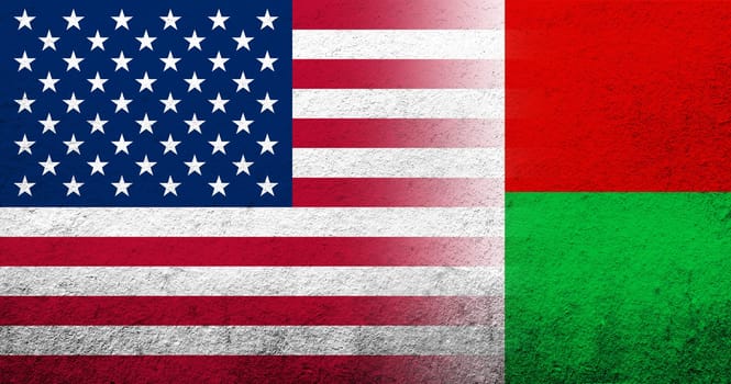 United States of America (USA) national flag with Madagascar National flag. Grunge background