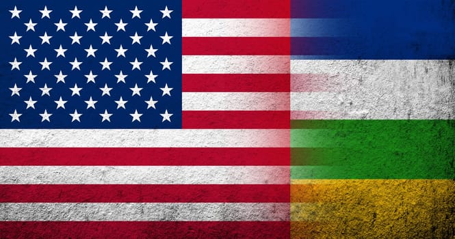 United States of America (USA) national flag with National flag of Central African Republic. Grunge background