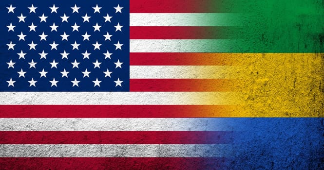 United States of America (USA) national flag with National flag of Gabon. Grunge background