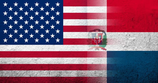 United States of America (USA) national flag with National flag of Dominican Republic. Grunge background