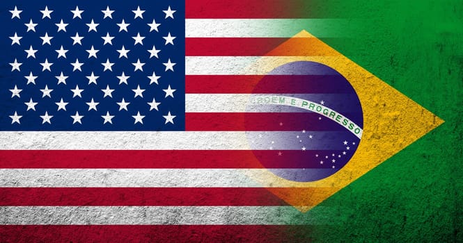 United States of America (USA) national flag with National flag of Brazil  . Grunge background