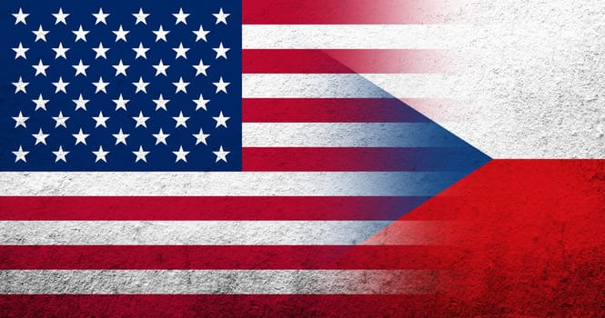 United States of America (USA) national flag with National flag of Czech Republic. Grunge background