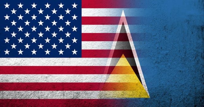 United States of America (USA) national flag with National flag of Saint Lucia. Grunge background