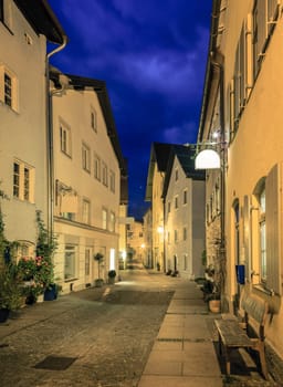 Narrow street in Fussen, Germany at night