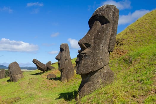 Moai stone sculptures at Rano Raraku, Easter island, Chile