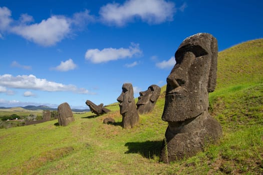 Moai stone sculptures at Rano Raraku, Easter island, Chile