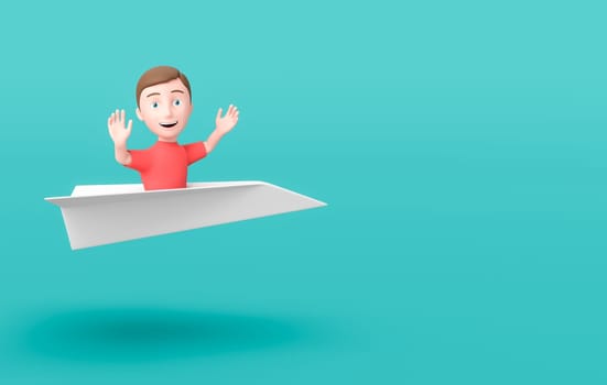 Happy Young Kid 3D Cartoon Character Flying Sitting on a Paper Airplane on Blue Background with Copy Space 3D Illustration