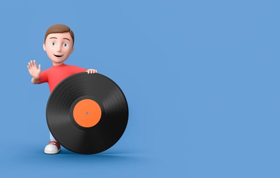 Happy Young Kid 3D Cartoon Character Leaning on a Vinyl Record on Blue Background with Copy Space 3D Illustration, Like Music Concept