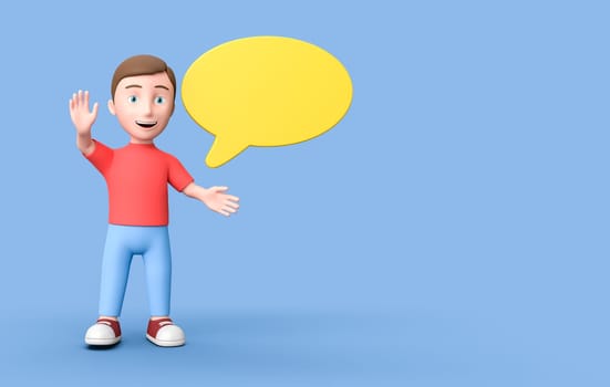 Happy Young Kid 3D Cartoon Character with a Yellow Blank Speech Bubble on Blue Background with Copy Space 3D Illustration