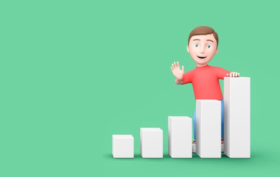 Happy Young Kid 3D Cartoon Character Leaning on a Growing Bar Chart on Green Background with Copy Space 3D Illustration