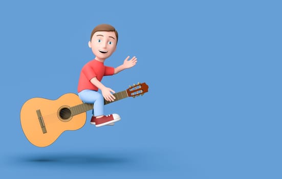 Happy Young Kid 3D Cartoon Character Flying Sitting on a Classical Guitar on Blue Background with Copy Space 3D Illustration, Like Guitar Concept