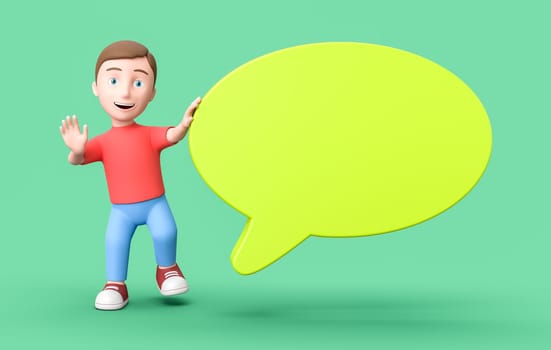 Happy Young Kid 3D Cartoon Character with a Yellow Blank Speech Bubble on Green Background with Copy Space 3D Illustration