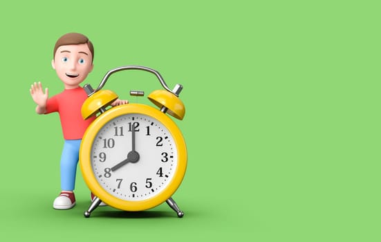 Happy Young Kid 3D Cartoon Character Leaning on a Yellow Alarm Clock on Green Background with Copy Space 3D Illustration, Time Concept