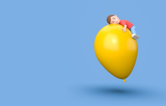 Smiling Little Young Kid Flying Hugging a Giant Yellow Balloon. 3D Cartoon Character Isolated on Blue Background with Copy Space 3D Illustration