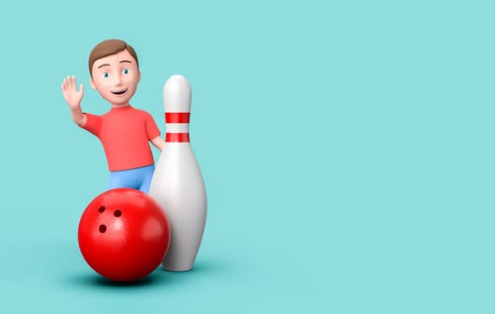 Happy Young Kid 3D Cartoon Character with a Skittle and Bowling Ball on Blue Background with Copy Space 3D Illustration, Like Bowling Concept