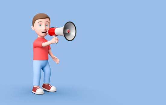 Cute Young Kid 3D Cartoon Character Holding a Megaphone on Blue Background with Copy Space 3D Illustration