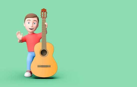 Happy Young Kid 3D Cartoon Character with a Classical Guitar on Green Background with Copy Space 3D Illustration, Like Play Guitar Concept