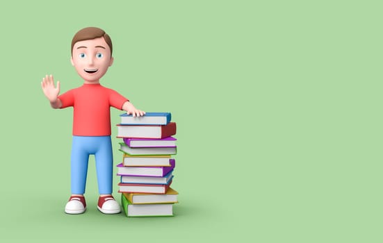 Cute Happy Young Student Leaning on a Stack of Colorful Books. 3D Cartoon Character on Green Background with Copy Space 3D Illustration