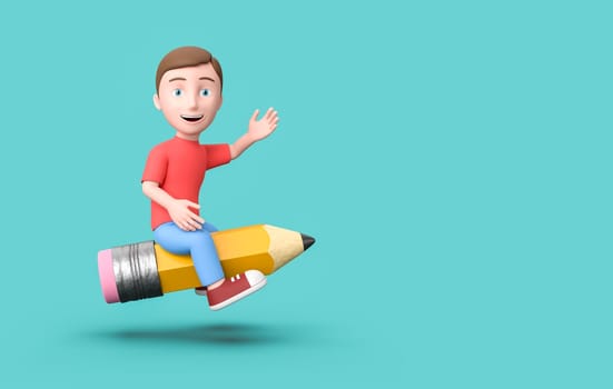 Happy Young Kid 3D Cartoon Character Flying Sitting on a Funny Classic Pencil on Blue Background with Copy Space 3D Illustration