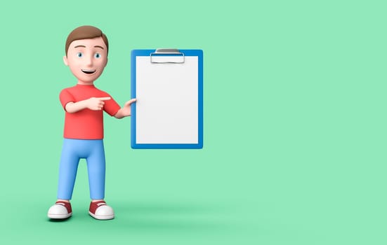 Happy Young Kid 3D Cartoon Character Pointing a Clipboard with White Blank Paper on Green Background with Copy Space 3D Illustration