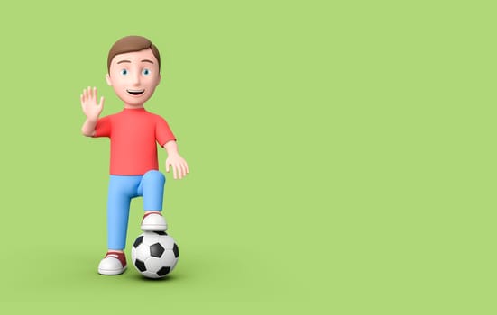 Happy Young Kid 3D Cartoon Character Standing with Soccer Ball on Green Background with Copy Space 3D Illustration, Like Soccer Concept