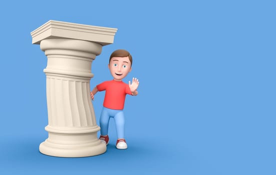Happy Young Kid behind a Funny Ancient Column. 3D Cartoon Character on Blue Background with Copy Space 3D Illustration