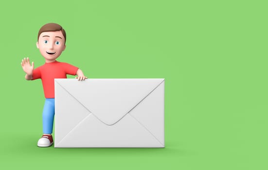 Happy Young Kid 3D Cartoon Character Leaning on a Big White Envelope on Green Background with Copy Space 3D Illustration