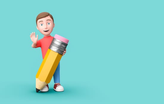 Happy Young Kid 3D Cartoon Character with a Funny Classic Pencil with Eraser on Blue Background with Copy Space 3D Illustration