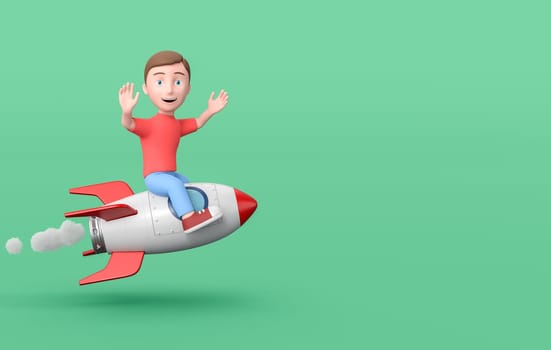 Happy Young Kid 3D Cartoon Character Flying Sitting on a Spaceship on Green Background with Copy Space 3D Illustration