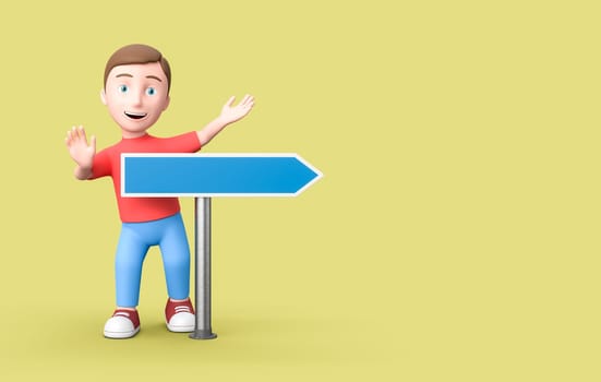 Happy Young Kid 3D Cartoon Character with a Blue Blank Directional Arrow on Yellow Background with Copy Space 3D Illustration