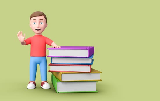 Cute Happy Young Student Leaning on a Stack of Colorful Books. 3D Cartoon Character on Green Background with Copy Space 3D Illustration