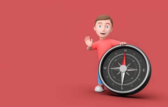 Young Kid 3D Cartoon Character Leaning on a Metallic Compass Pointing Toward the North on Red Background with Copy Space 3D Illustration, Exploration Concept
