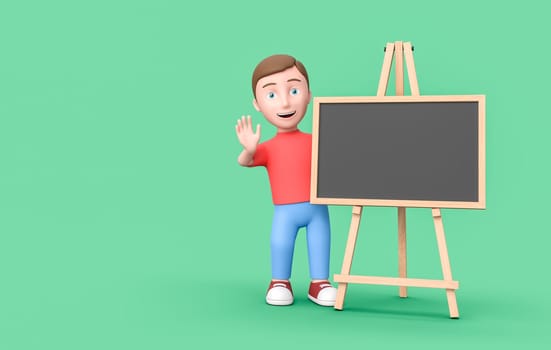 Happy Young Kid 3D Cartoon Character with Blank Blackboard on Green Background with Copy Space 3D Illustration
