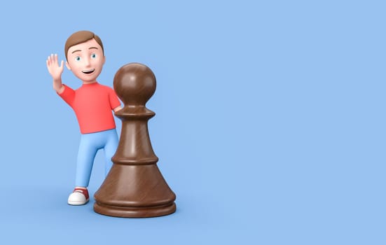 Happy Young Kid 3D Cartoon Character Behind a Big Wooden Chessman on Blue Background with Copy Space 3D Illustration, Like Chess Concept