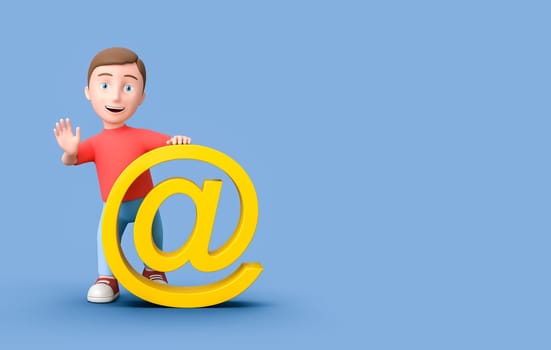 Happy Young Kid 3D Cartoon Character Leaning on a Yellow Email Symbol on Blue Background with Copy Space 3D Illustration