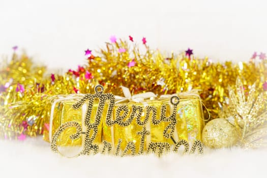 Merry Christmas composition with decorations on white background