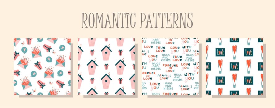 Romantic love pattern. A set of patterns in the same style. Valentine's day digital paper. Children's textile design. Seamless design.