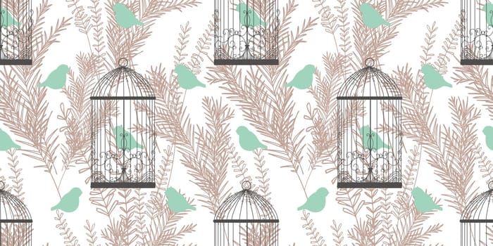 Stylish pattern with birds and cages in Victorian style. Birds of Paradise. Golden branches drawing. A modern pattern for wallcoverings, fabrics and textiles.