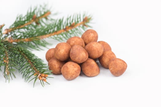 Marzipan potatoes, in german called Marzipankartoffeln, with cacao powder, sweets for christmas, empty copy space