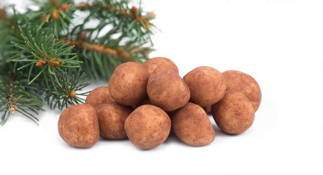 Marzipan potatoes, in german called Marzipankartoffeln, with cacao powder, sweets for christmas, empty copy space