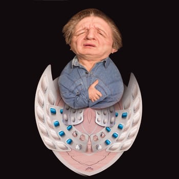 Portrait of old man suffering chest pain on black background