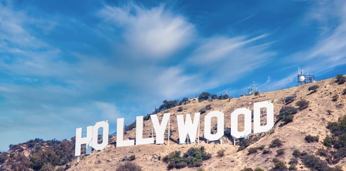 LOS ANGELES, USA - CIRCA AUGUST 2020: Hollywood sign in Los Angeles on blue sky