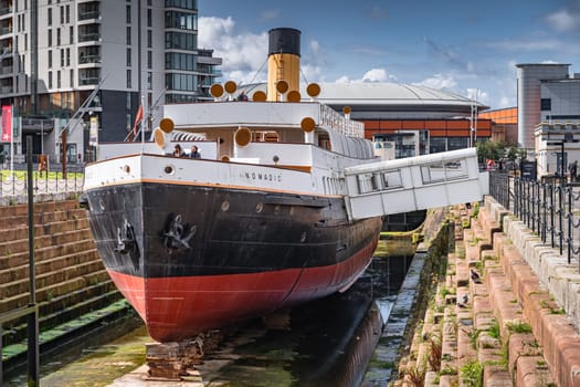 Belfast, UK, Aug 2019 Front view on SS Nomadic, the last remaining White Star Line ship in the world. Near Titanic Museum, Northern Ireland